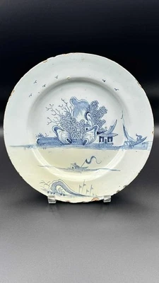 Antique English Delft Blue & White Plate Shells Pagoda Boat Scene c1800 - 10.75" - Image 1 of 4