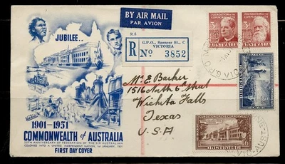 AUSTRALIA REGISTERED 1951 FDC JUBILEE COMMONWEALTH MULTI FKD to WICHITA FALLS TX - Image 1 of 4