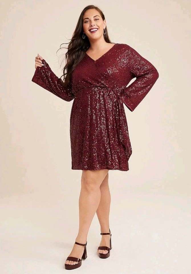 Vestido para mujer Maurices Plus borgoña lentejuelas imitación envoltura manga larga talla 4X Foto 1 de 4