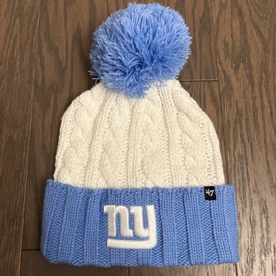 New York Giants '47 Marca Mujer Blanco Azul Pom Top Tejido Gorro Gorra NUEVO Foto 1 de 4