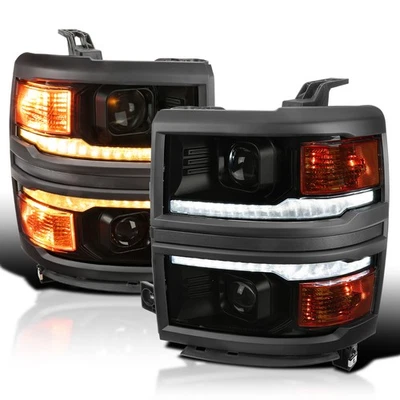 Black Smoke Fit 2014-2015 Silverado Switchback LED Strip Projector Headlights - Image 1 of 4
