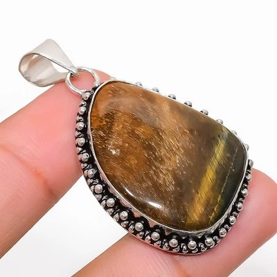 Occhio di Tigre Gemma Fatto a Mano 925 Argento Sterling Ciondolo Gioielli 4.7cm - Immagine 1 di 4