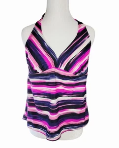 Catalina Halter Tankini Top Size Large Pink Purple Striped Swimwear - Picture 1 of 7