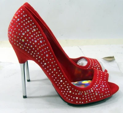 Nuevo WILD DIVA RED STONE 5" Alto Tacón de Aguja Puntera PEEP Zapatos Mujeres Talla 6 Foto 1 de 4