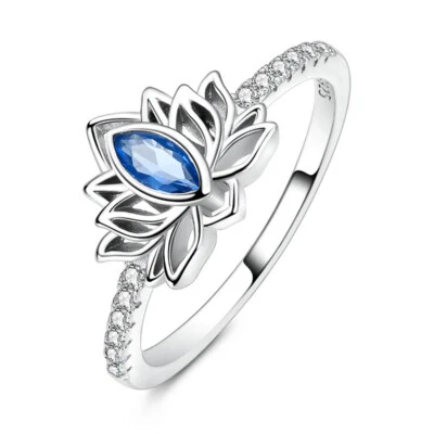 MULA Women 925 Sterling Silver Finger Ring AAA CZ Sparkling Blue Lotus Flower - Image 1 of 4