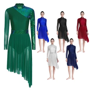 Women's Lyrical Dance Costume Sequin Long Sleeves Ballet Dress Modern Costume - Picture 1 of 66