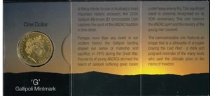 2005 Australia War Memorial $1 Folder Coin G Gallipoli M-mark Mobile Press issue - Foto 1 di 2