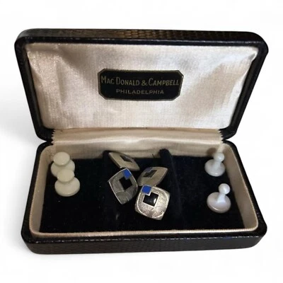 Art Deco Onyx Lapis  Square Men's Silver Cufflinks Original 1920s Leather Box - Image 1 of 4