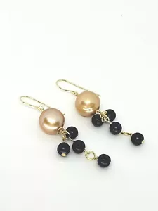 14k Yellow Gold Golden Freshwater Pearl Lapis Lazuli Cluster Dangle Earrings - Picture 1 of 5