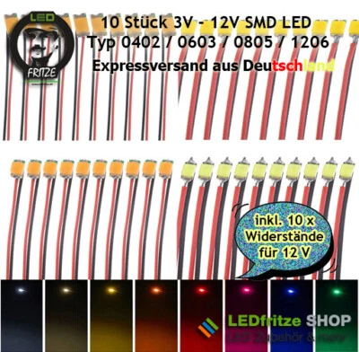 10 x SMD LED 0402 0603 0805 1206 Modellbau Eisenbahn 2V 3V 12V inkl. Widerstand - Bild 1 von 4