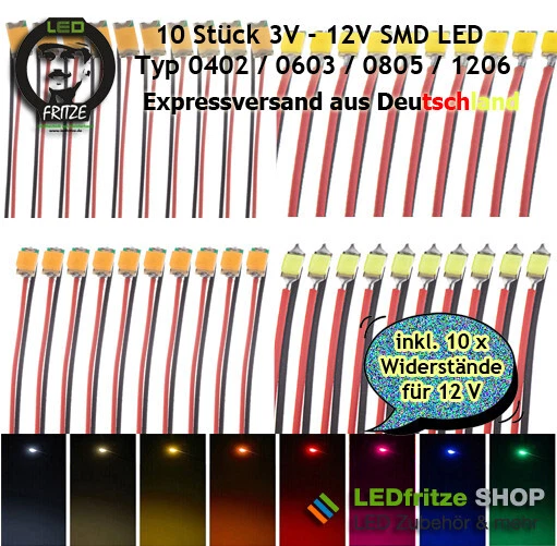 10 x SMD LED 0402 0603 0805 1206 Modellbau Eisenbahn 2V 3V 12V inkl. Widerstand - Bild 1 von 4