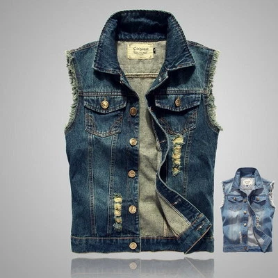 Gilet homme aquarelle rétro pompon cowboy jean gilet trou punk denim gilets veste - Photo 1/4
