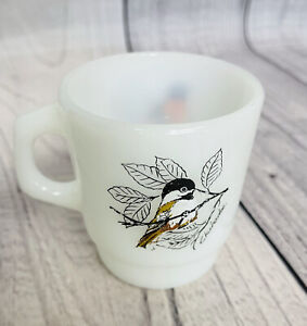 Vintage Anchor Hocking Fire King Milk Glass Coffee Mug Birds Chickadee & Oriole