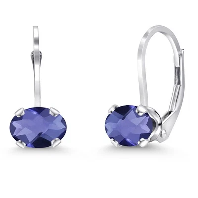 1.30 Ct Oval Checkerboard Blue Iolite 925 Sterling Silver Leverback Earrings - Image 1 of 4