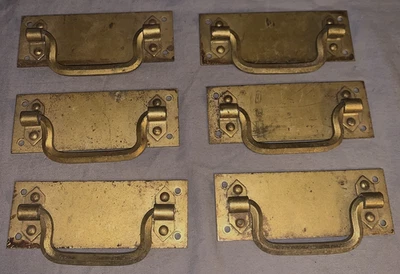 Great Set  6  Antique  Brass  Mission  Arts Crafts  Drawer Pulls - Image 1 of 3