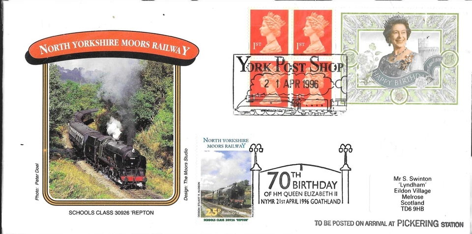 1996 HM QE11 Birthday Label, North Yorkshire Moors Railway cover, York Post SpHS - Image 1 of 1