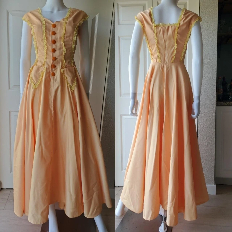 Maxi Vestido Vintage Años 70 Amarillo Encaje Ribete Sin Mangas Línea A Foto 1 de 4