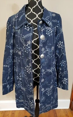 Chaqueta Worth Mujer Mediana Azul Trench Bordada Manga Larga Collar Foto 1 de 4