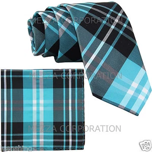 New Men's plaid slim 2.5" Neck Tie Necktie & Hankie set Turquoise blue formal  - Picture 1 of 3
