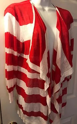 FOXCROFT Cardigan Sweater Red White Striped Open Drape Front Linen Classic Sz M - Image 1 of 4