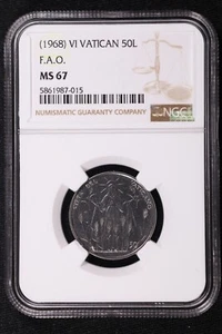1968 VI Vatican 50 Lire FAO Stainless Steel Coin KM 105 NGC MS 67 - Picture 1 of 2