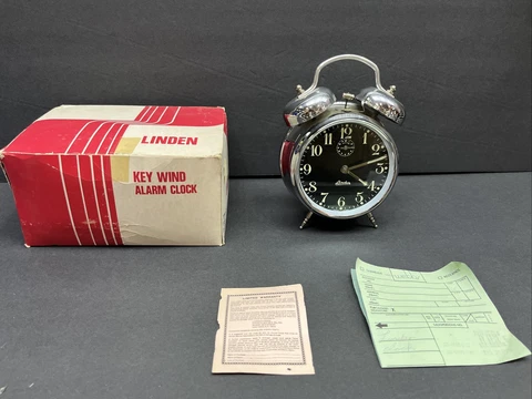 Vintage Linden Metal Windup Alarm Clock Twin Bell Hong Kong Working Cover