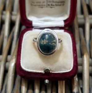 Vintage 925 Sterling Silber Ring, natürlicher grüner Moosachat, Größe M,5 US 6,5, 1976 - Bild 1 von 9