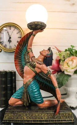 Egyptian Winged Goddess Isis Dancing Side Table Glass Orb Sphere Lamp Statue - Image 1 of 4