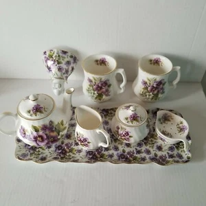 VIOLETS/PANSY TEA POT SET Fine Bone China FLORAL Creamer/Sugar Bowl Platter Cups - Picture 1 of 12