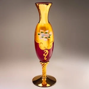 Jarrón italiano de vidrio rubí dorado esmalte pintado a mano 11" de alto - Imagen 1 de 16