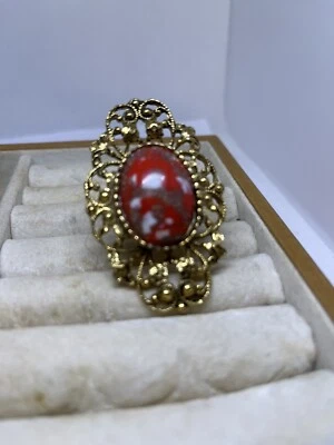 ring fashion vtg 7 adjustable ornate gold tone setting 2.25" lg multiclr stone - Image 1 of 4