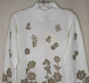 Denim & Co. Mujer Talla S Suéter Cuello Simulado Marfil Flores Bordadas L/S Acrílico - Imagen 1 de 8