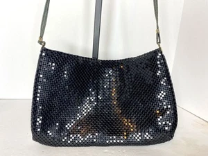 Vintage Whiting & Davis International Black Mesh Metal Leather Crossbody Purse  - Picture 1 of 16