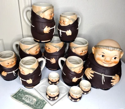 Vintage 1950s Germany GOEBEL Friar Tuck Collection: Ceramic 9" Jar w Lid, Mugs + - Image 1 of 4