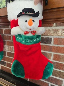 Vtg. Fluffy Christmas haning stocking with snowman in front pocket - Picture 1 of 7
