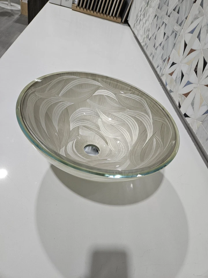 Recipiente de vidrio transparente lavabo de baño cuenco redondo borde verde con grifo y desagüe  Foto 1 de 4