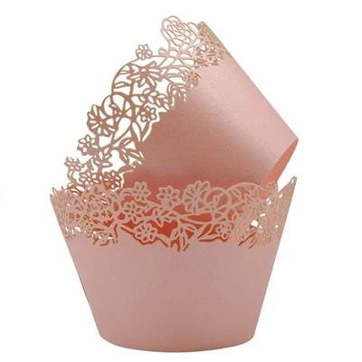 Pacote com 50 embalagens de cupcake rosa, renda de filigrana, corte a laser, estojo de muffin, casamento - Imagem 1 de 4