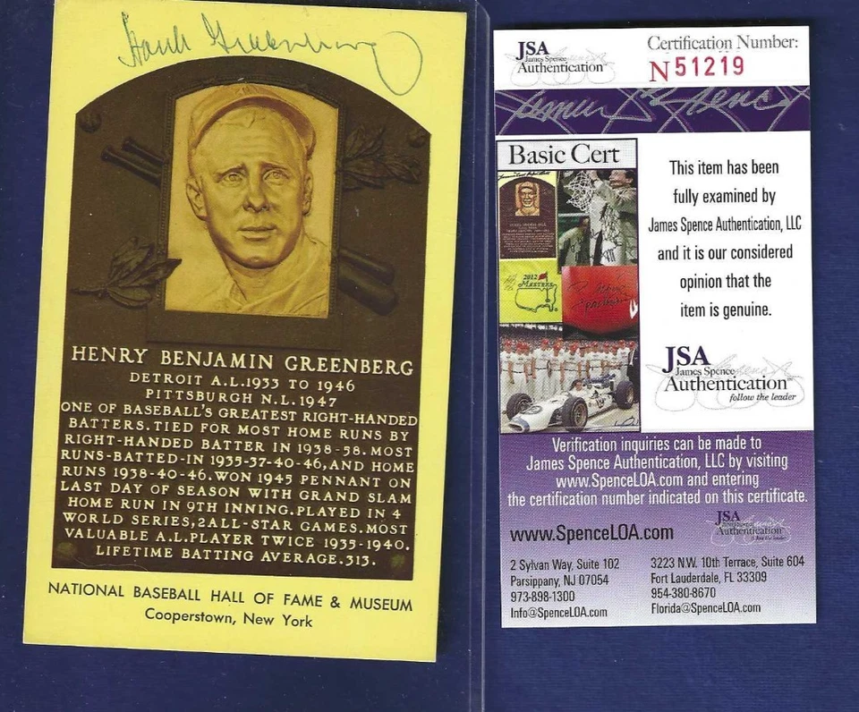 Hank Greenberg Detroit Tigers Baseball Autographed HOF Plaque Postcard JSA COA - Image 1 of 1