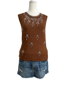 Vtg. TANNER Sweater Beaded Sleeveless Wool Blend Embellish Glam Bling Coquette M - Picture 1 of 18
