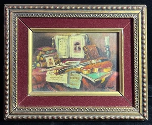 Pintura al óleo vintage, bodegón hecho a mano con violín, firmado, enmarcado - Imagen 1 de 16