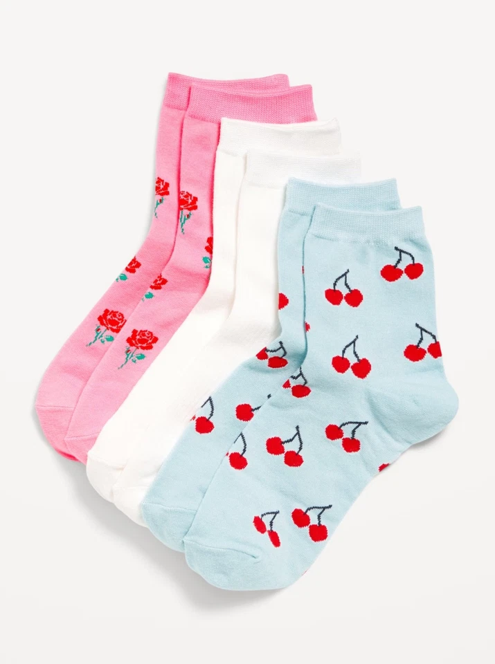 Old Navy 女式新奇 25 美分船员袜 3 件装 - 均码 - 花卉樱桃色 — 第 1/1 张图片