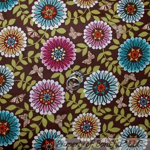 BonEful Fabric FQ Cotton Quilt Brown Pink Blue Green Leaf Flower Butterfly Vine - Picture 1 of 8