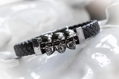 Steampunk Armband +Totenkopf  / Lederarmband Herren Schwarz mit Skull Edelstahl - Bild 1 von 4