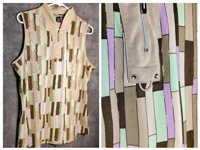 Camiseta sin mangas Jamie Sadock para mujer talla L marrón verde geométrica sin mangas cremallera Foto 1 de 4