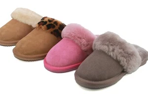 Womens Cosy Warm Genuine Sheepskin Lined Suede Mule Slippers Ladies Slip-On - Picture 1 of 13