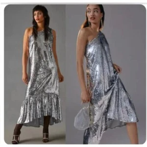 Neu mit Etikett Anthropologie Maeve One-Shoulder-Paillettenkleid silberfarben 1X - Bild 1 von 13