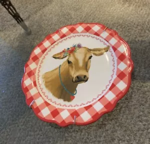Pioneer Woman Cow Red Gingham Scalloped Salad Ceramic Plate 8.8” Farm WT Hanger - Picture 1 of 7