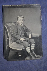 *COLORIZED* Tintype Boy in Striped Socks - Picture 1 of 3