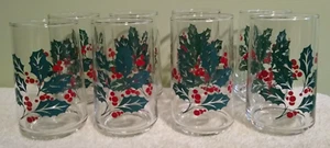 4.75" Vintage Christmas Holly Leaves & Berries Tumbler Glass Set Of 8 Crisa - Picture 1 of 4