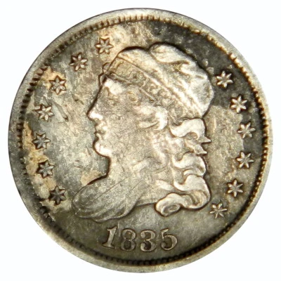 MEDIA MONEDA DE DIEZ CENTAVOS BUSTO TAPADO 1835 ~ DETALLES XF/AU, ¡LIGERA CORROSIÓN ANVERSO! INV#2 Foto 1 de 2